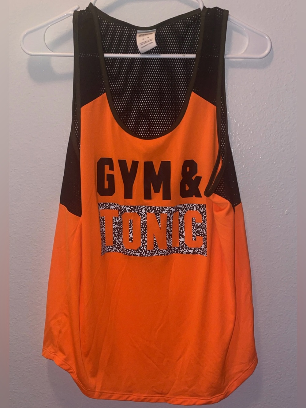 PINK Victoria's Secret Orange and Black 'GYM & TONIC' Mesh Tank